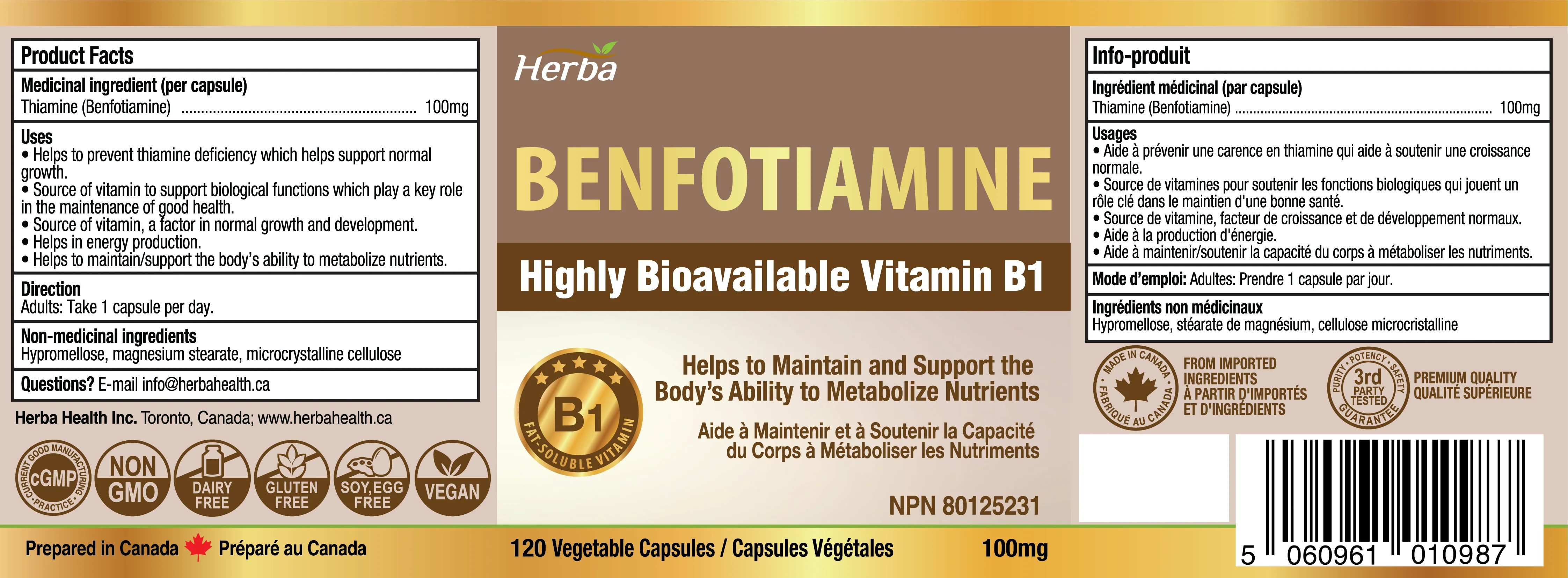 Benfotiamine 100mg - 120 Capsules | Fat Soluble Vitamin B1 | Made in Canada - Image 2