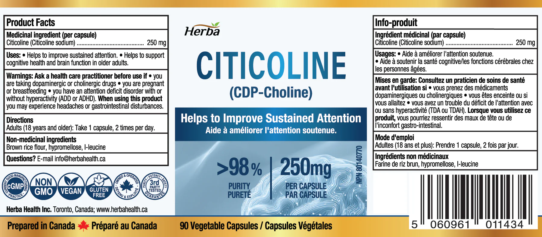 Citicoline Supplement 250mg – 90 Capsules | >98% Ultra Pure CDP Choline | Made in Canada - Image 2