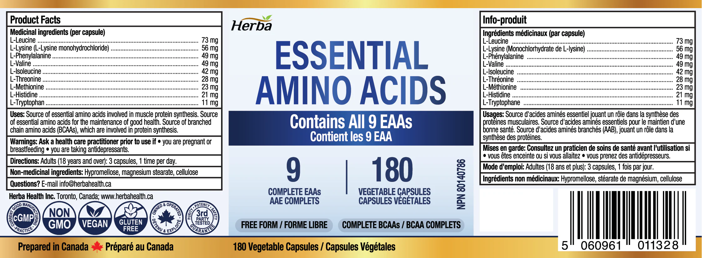 Essential Amino Acids Supplement – 180 Capsules | All 9 EAA Supplement in Free Form | Made in Canada - Image 2