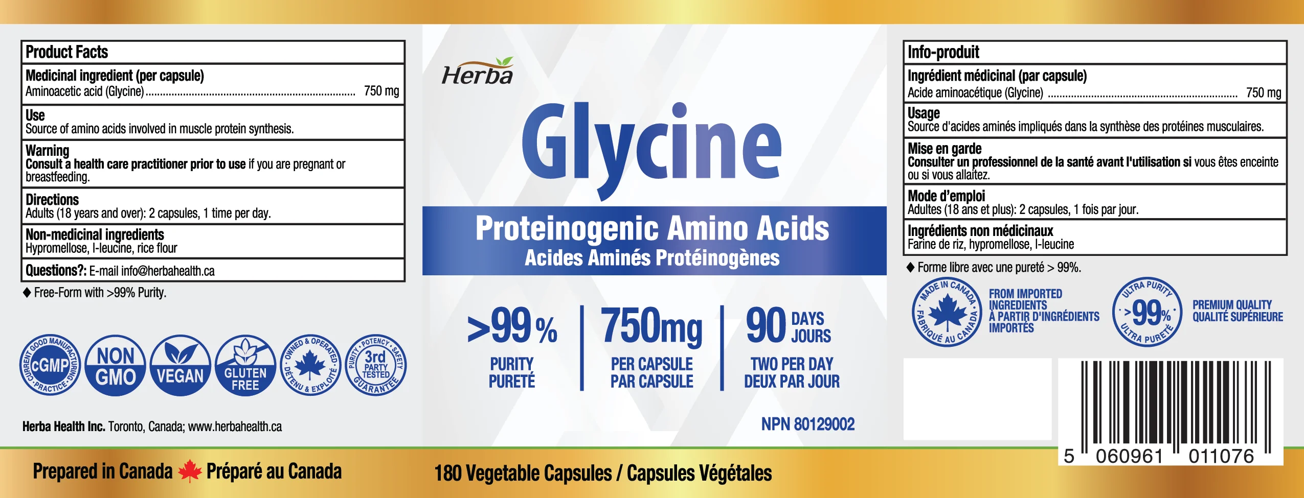 Glycine Supplement 750mg - 180 Capsules - >99% Ultra Pure Glycine Capsules | Made in Canada - Image 2