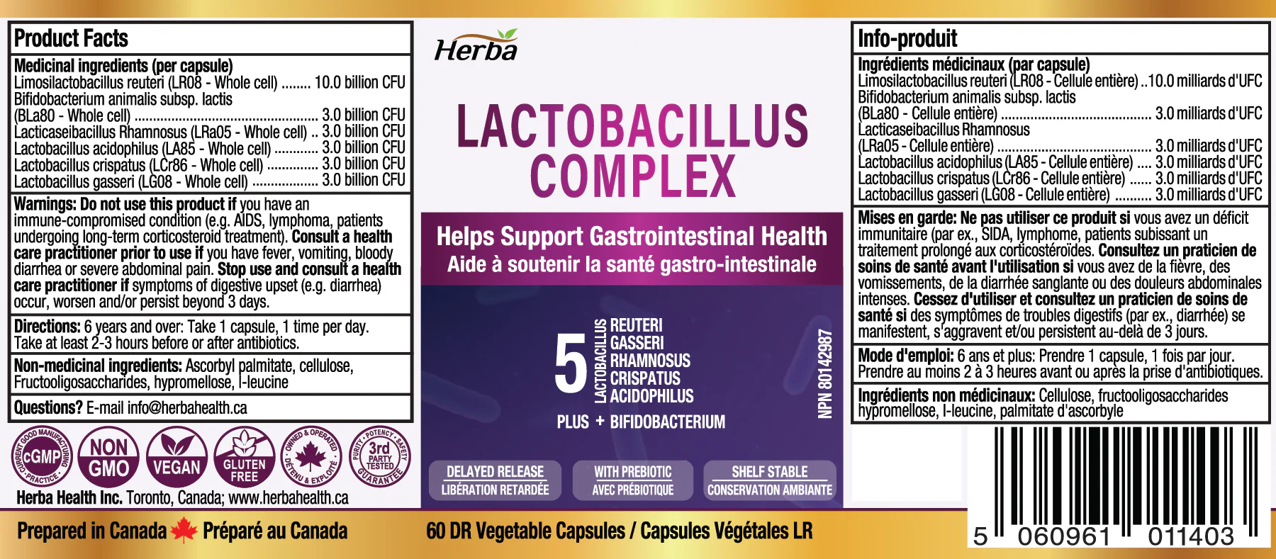 Lactobacillus Complex 25B CFU - 60 DR Capsules | 6 in 1 Lactobacillus and Bifidobacterium | Made in Canada - Image 2