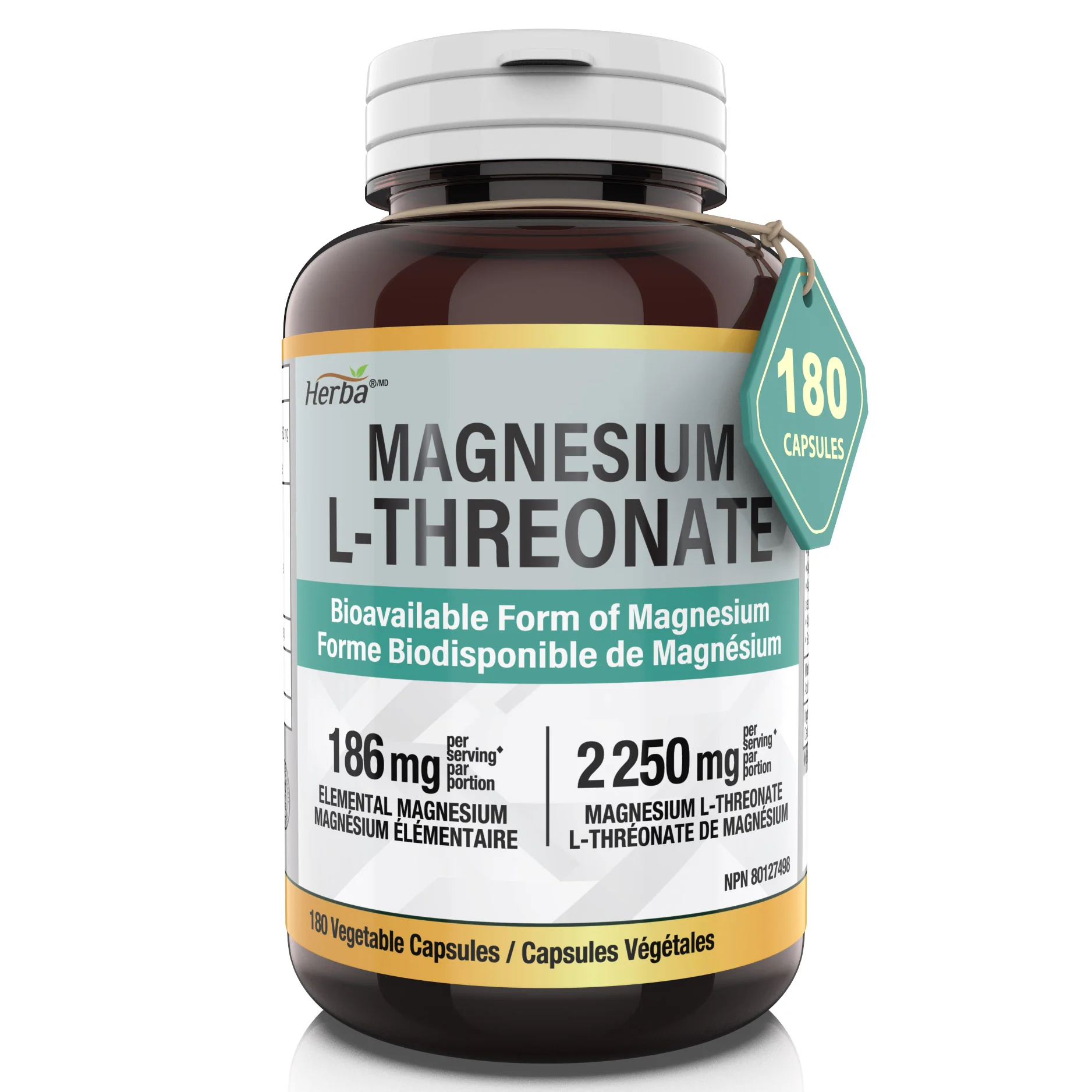 Magnesium L-Threonate Supplement – 186mg | Made in Canada | 180 Vegetable Capsules