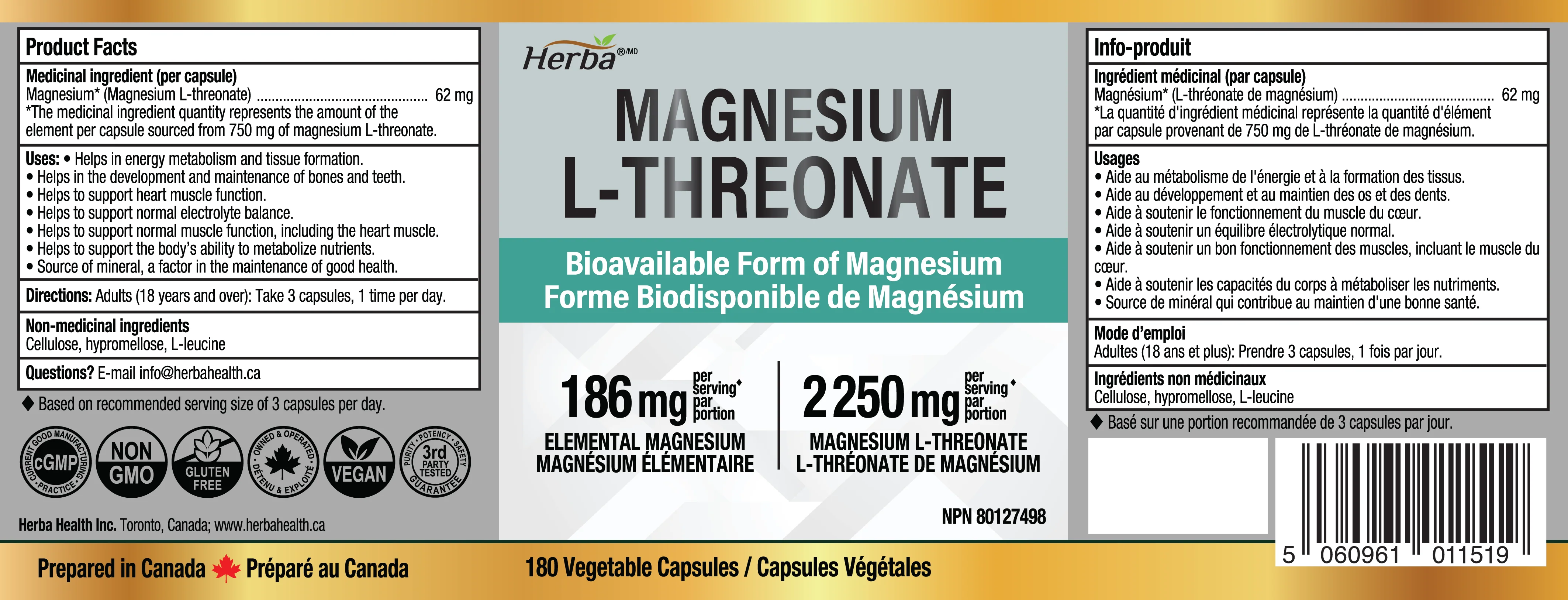 Magnesium L-Threonate Supplement – 186mg | Made in Canada | 180 Vegetable Capsules - Image 2
