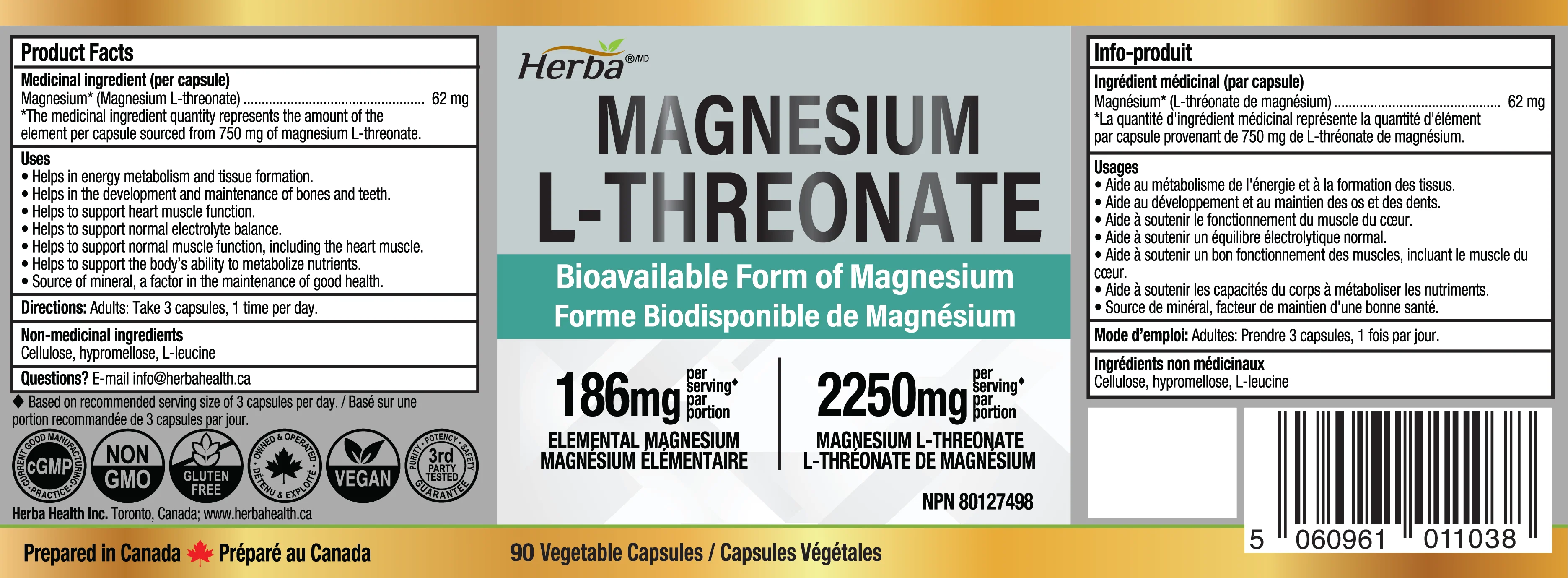 Magnesium L-Threonate Supplement – 186mg | Made in Canada | 90 Vegetable Capsules - Image 2