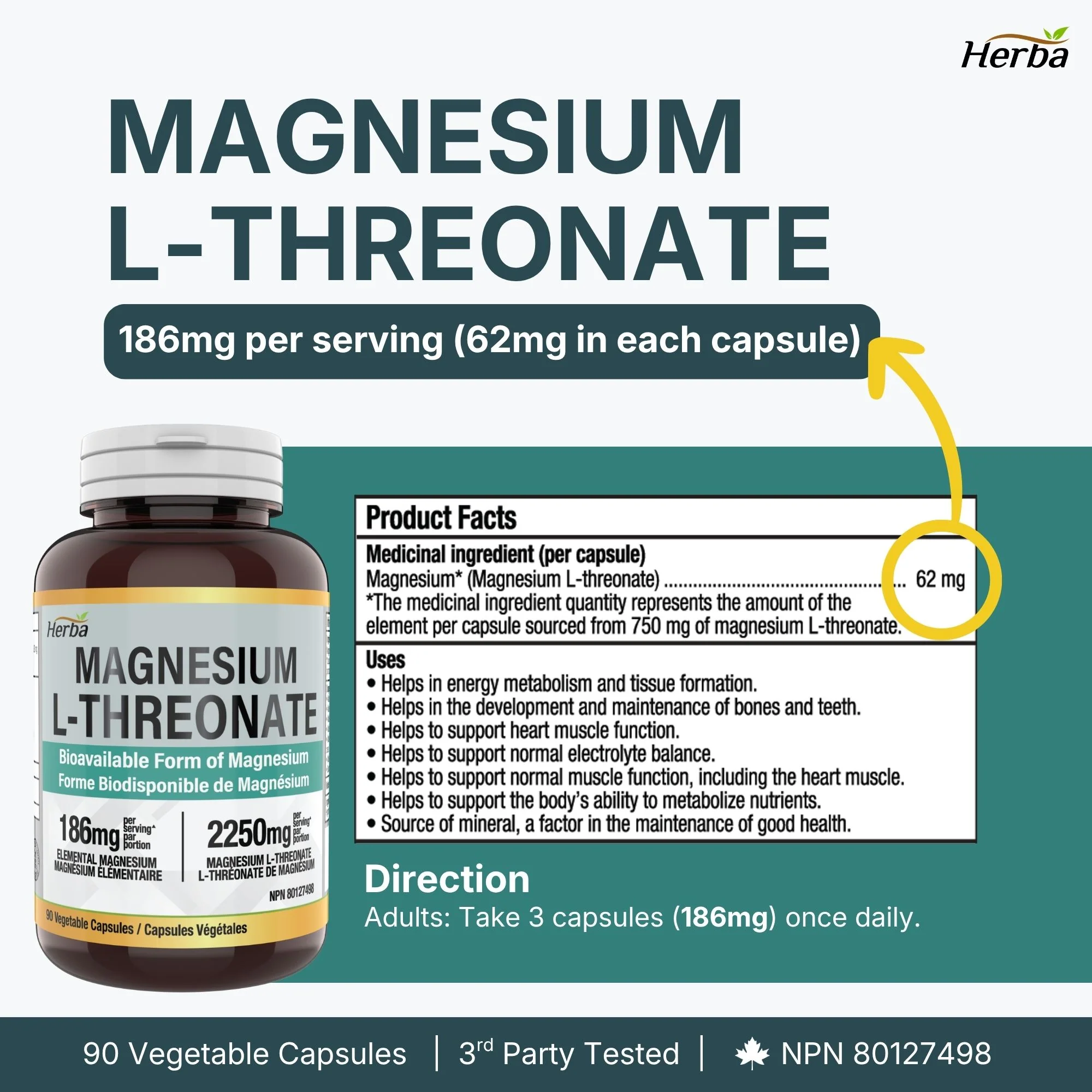 Magnesium L-Threonate Supplement – 186mg | Made in Canada | 90 Vegetable Capsules - Image 7
