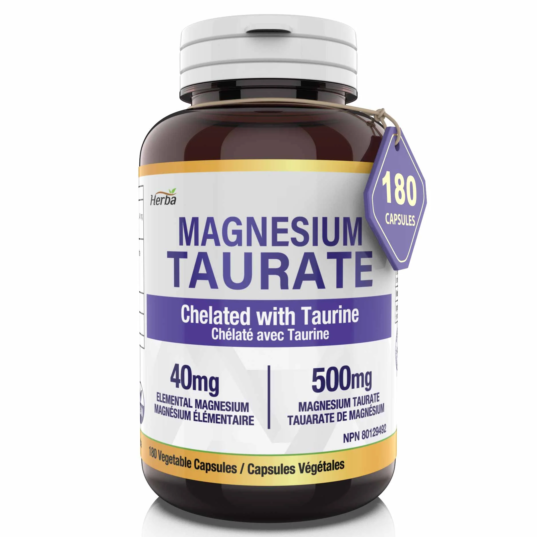 Magnesium Taurate Supplement 500mg - 180 Capsules | Made in Canada