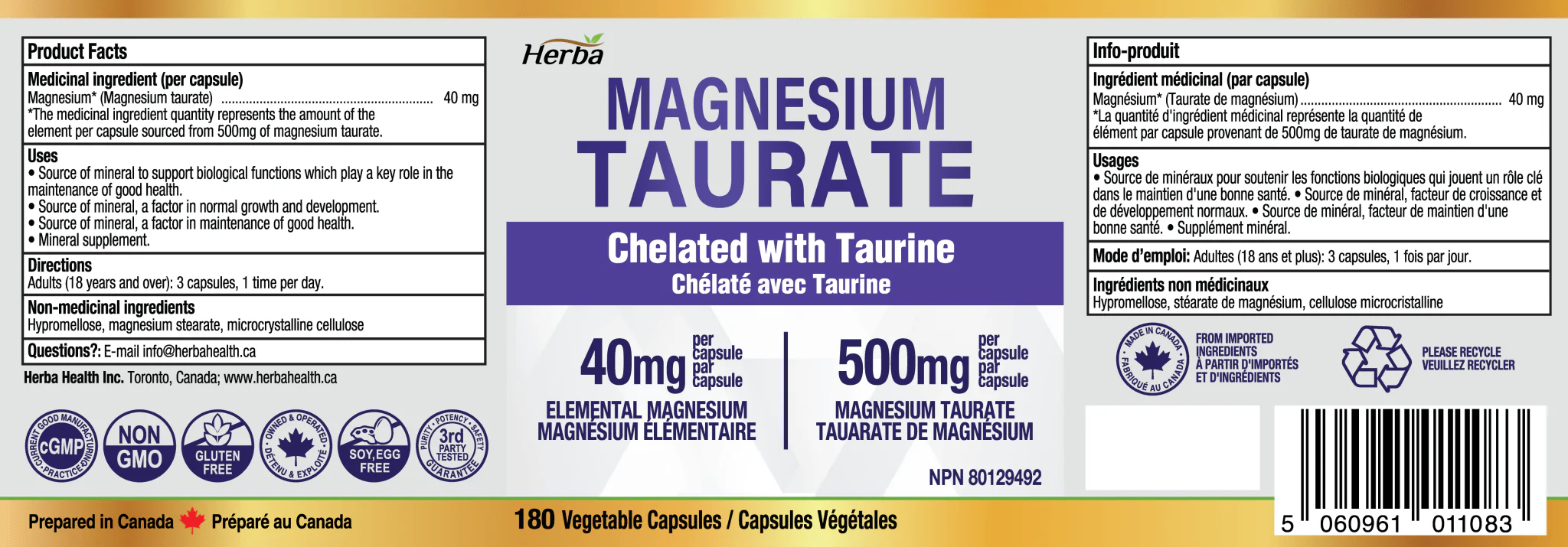 Magnesium Taurate Supplement 500mg - 180 Capsules | Made in Canada - Image 2
