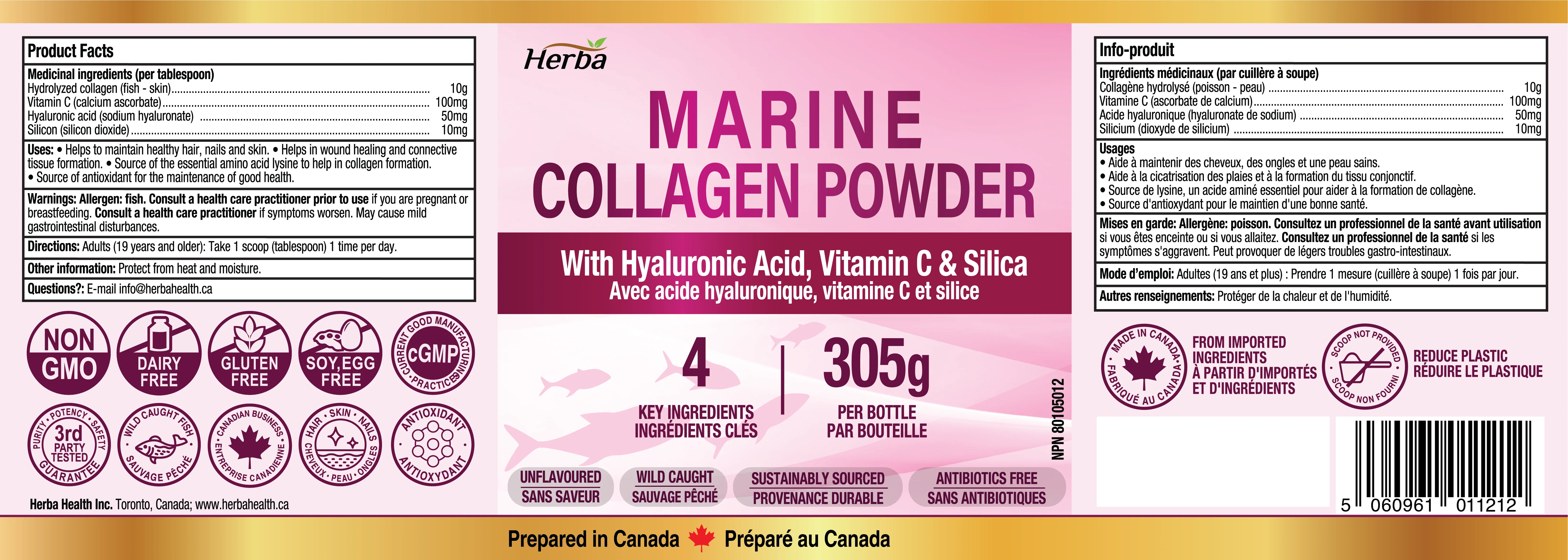 Marine Collagen Powder with Hyaluronic Acid, Silica, and Vitamin C – 305g | Made in Canada - Image 2