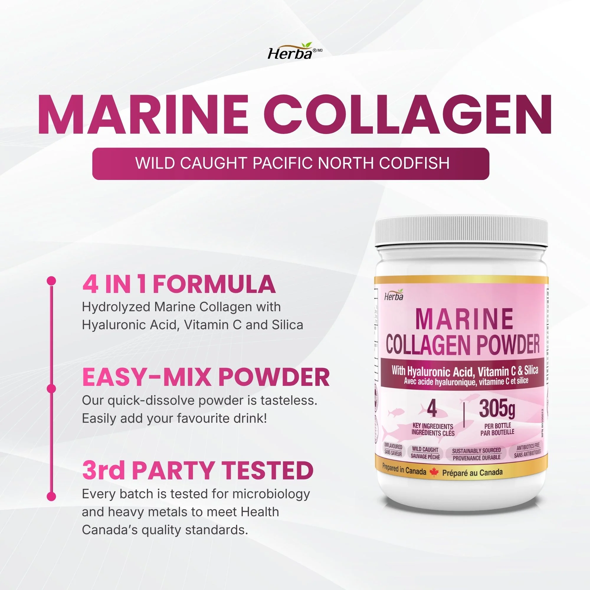 Marine Collagen Powder with Hyaluronic Acid, Silica, and Vitamin C – 305g | Made in Canada - Image 3