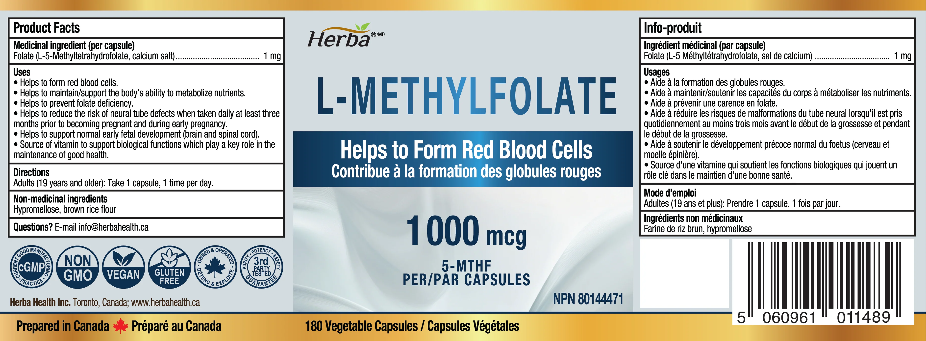 L-Methylfolate 1000mcg - 180 Capsules | Vitamin B9 5-MTHF Folate Supplement | Made in Canada - Image 2