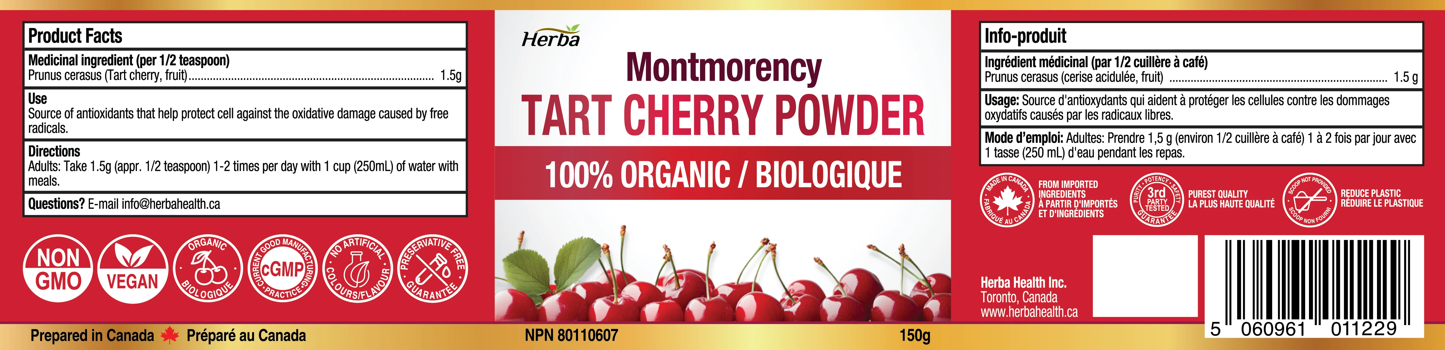 Montmorency Tart Cherry Powder – 150g | 100% Organic | Made in Canada - Image 2