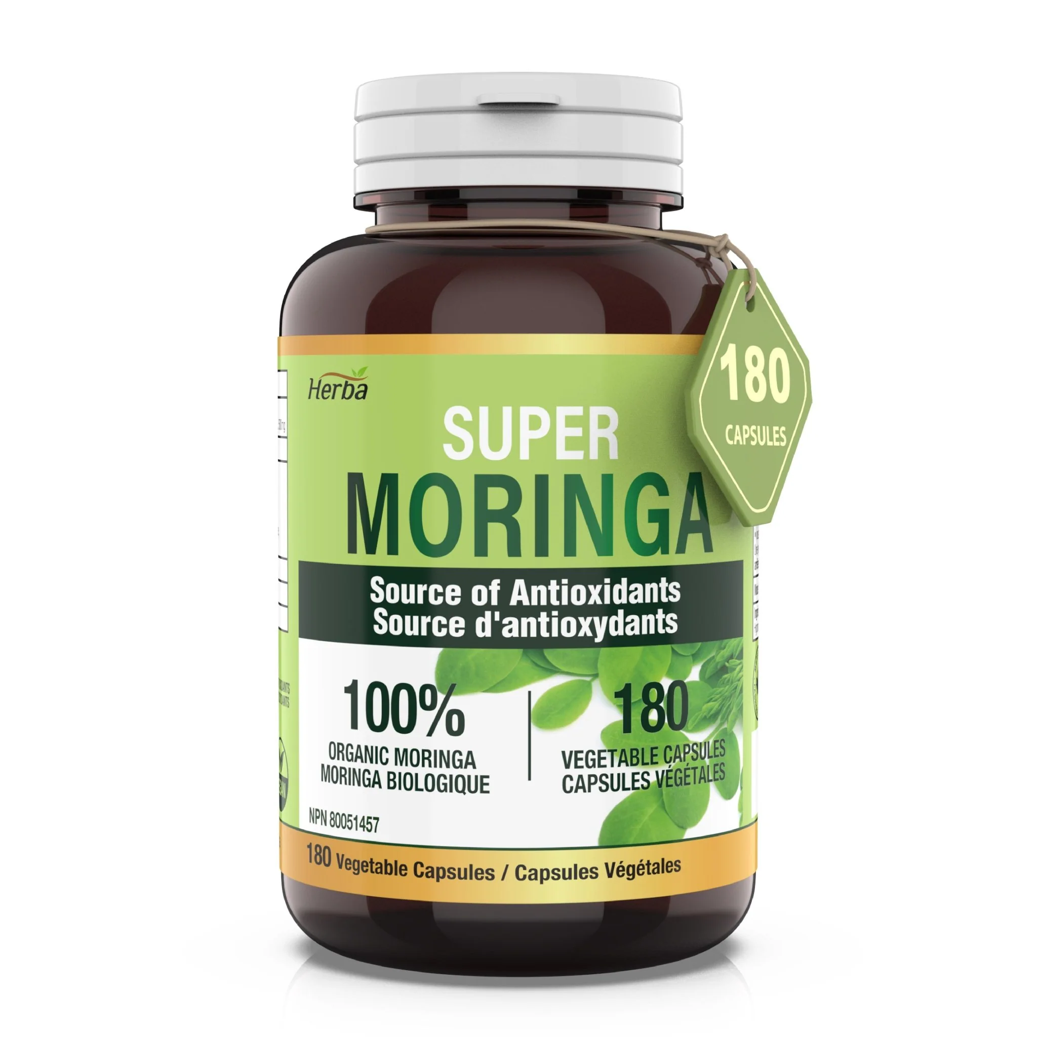 Organic Moringa Leaf Capsules - 180 Vegetable Capsules | 1000mg Per Day