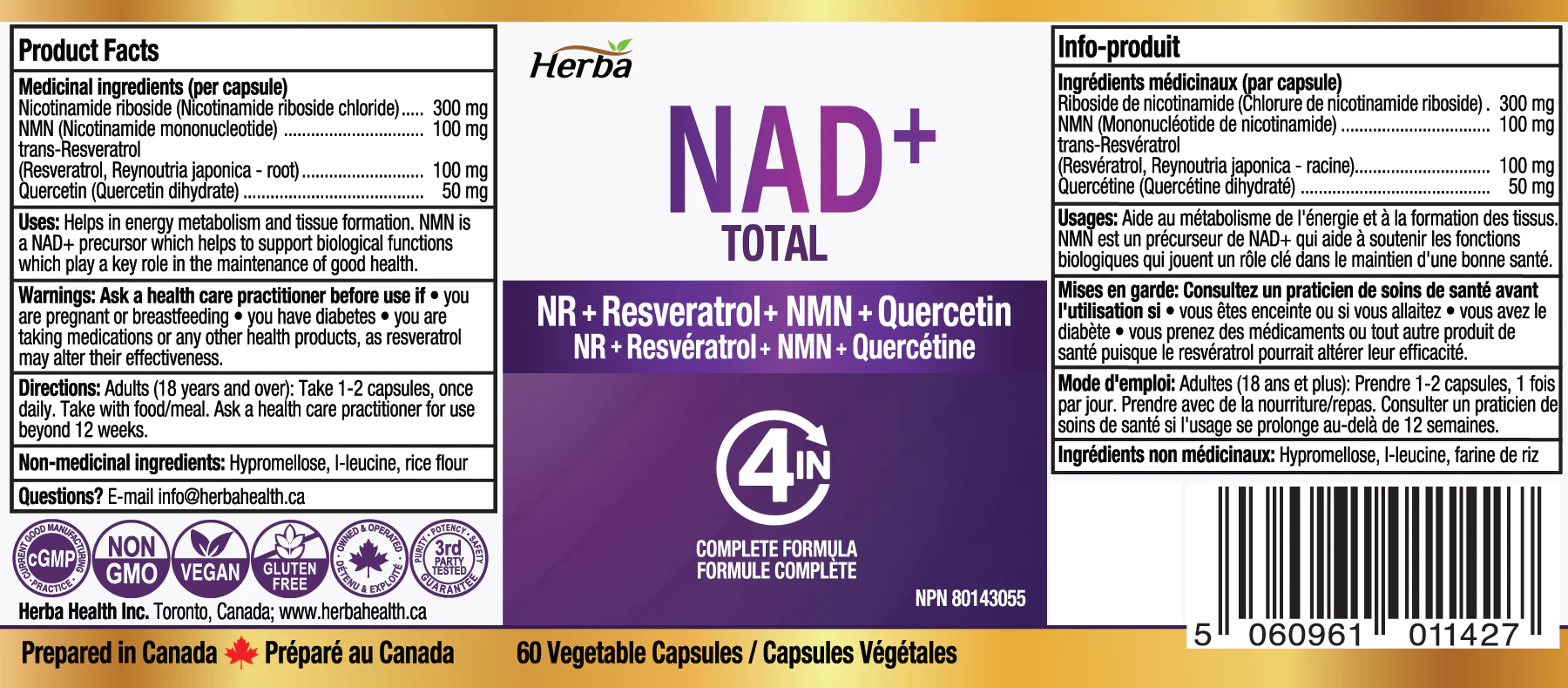 NAD+ Supplement 550mg – 60 Capsules | 4-in-1 NAD Plus Total with Nicotinamide Riboside (NR), NMN, Resveratrol & Quercetin | Made in Canada - Image 2