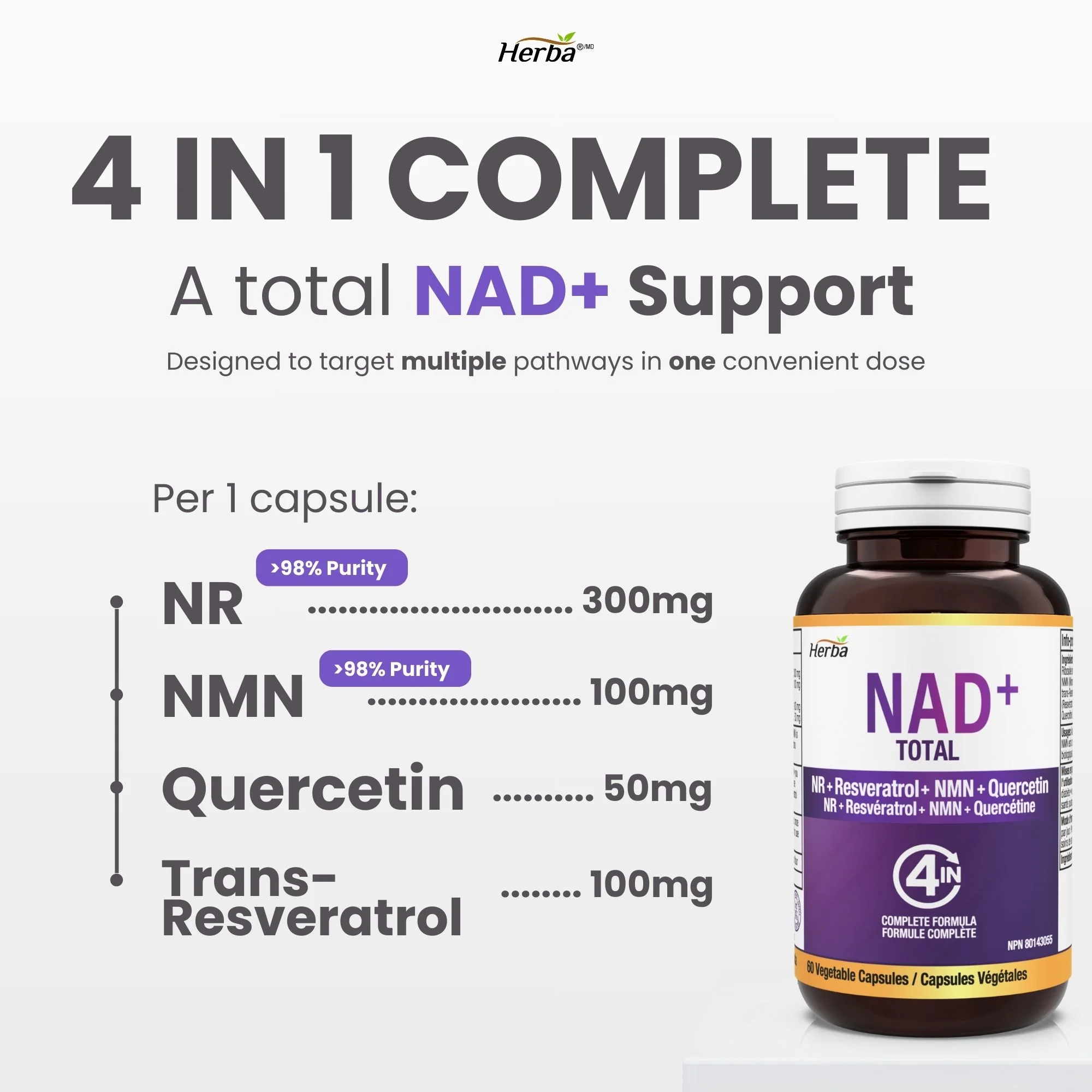 NAD+ Supplement 550mg – 60 Capsules | 4-in-1 NAD Plus Total with Nicotinamide Riboside (NR), NMN, Resveratrol & Quercetin | Made in Canada - Image 3