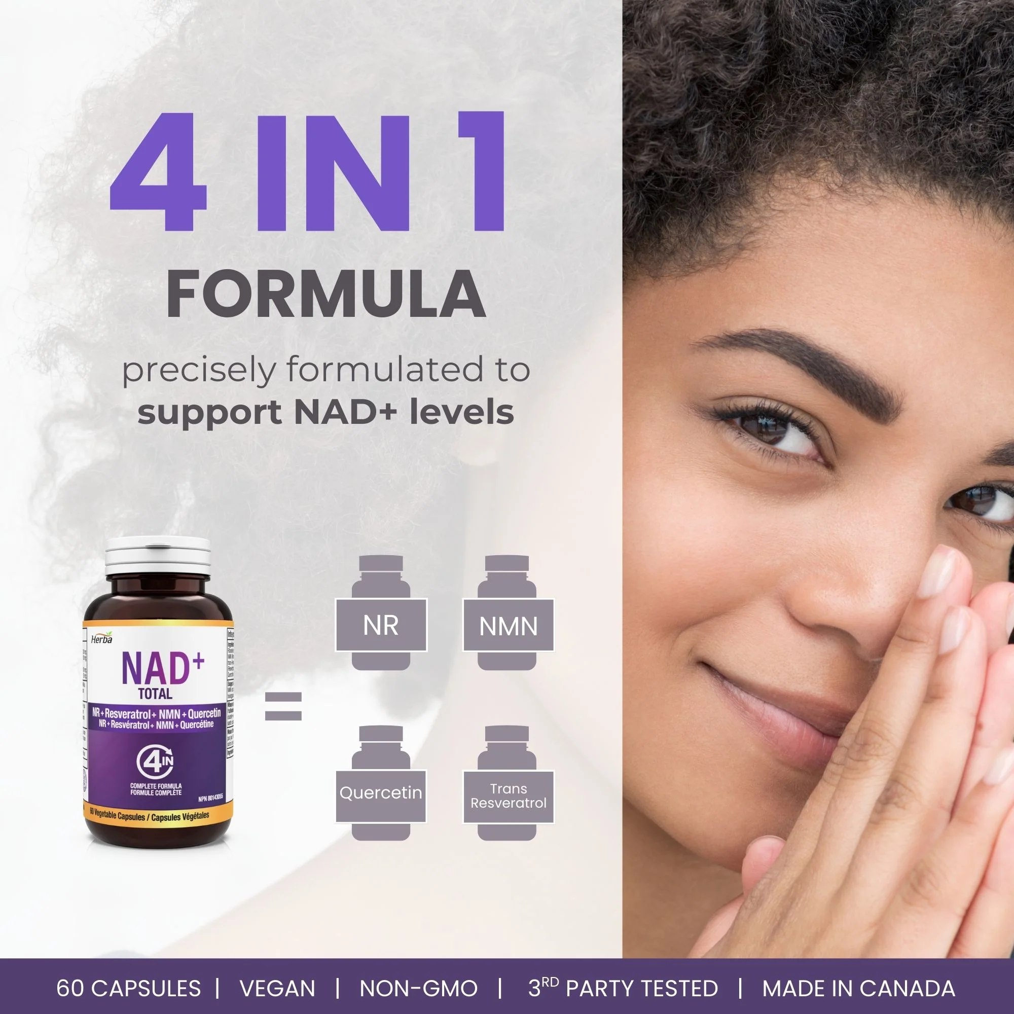 NAD+ Supplement 550mg – 60 Capsules | 4-in-1 NAD Plus Total with Nicotinamide Riboside (NR), NMN, Resveratrol & Quercetin | Made in Canada - Image 9
