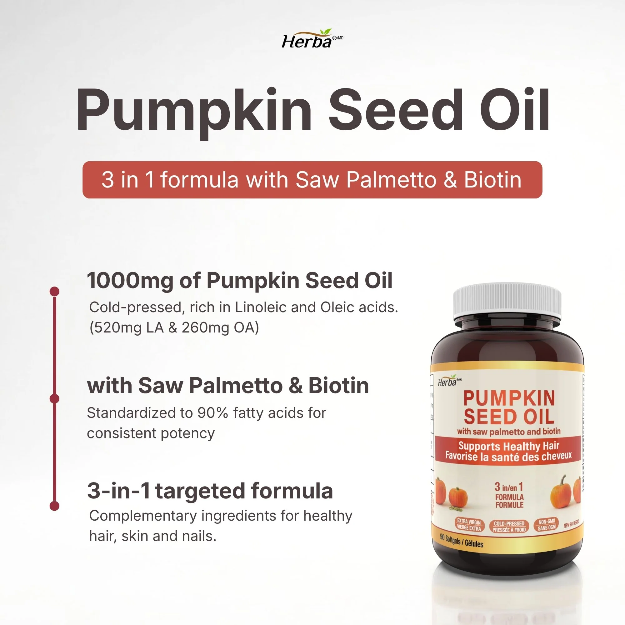 Pumpkin Seed Oil Capsules for Hair - 90 Softgels | 3 in 1 with Saw Palmetto and Biotin | Made in Canada - Image 3