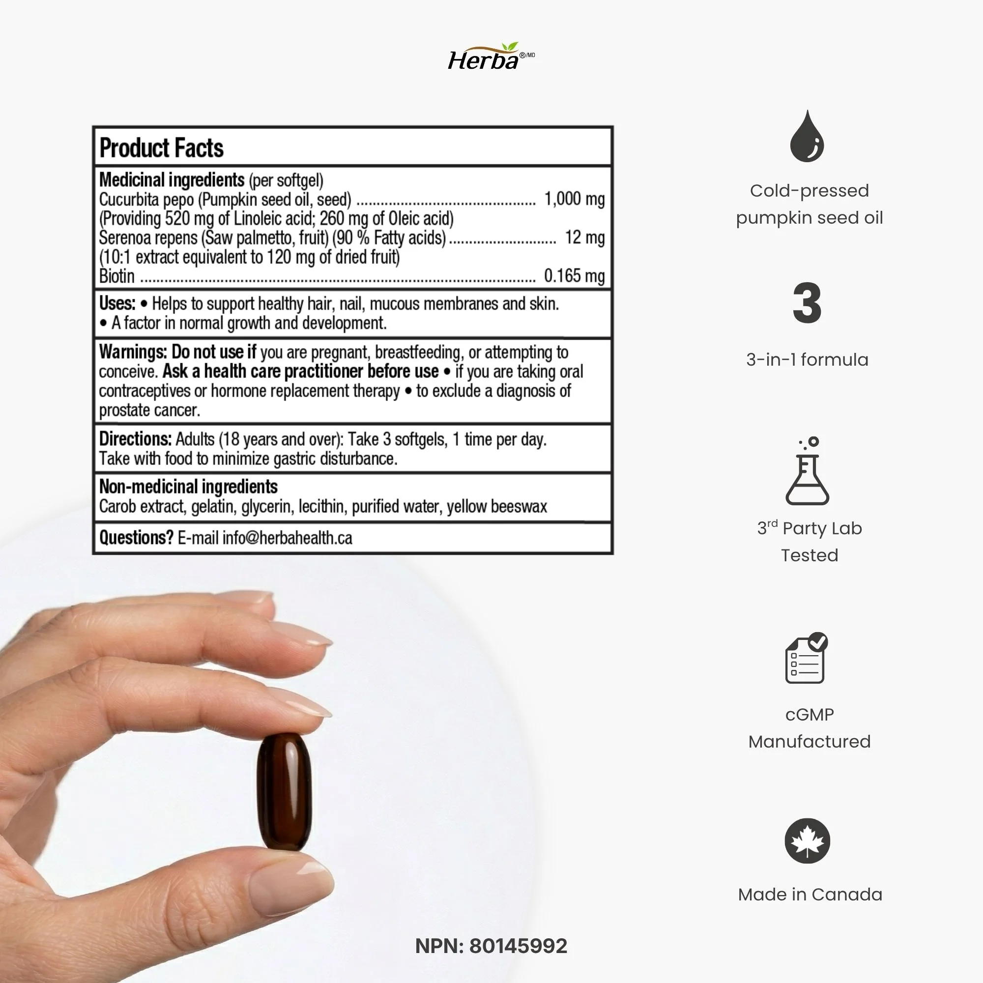 Pumpkin Seed Oil Capsules for Hair - 90 Softgels | 3 in 1 with Saw Palmetto and Biotin | Made in Canada - Image 9