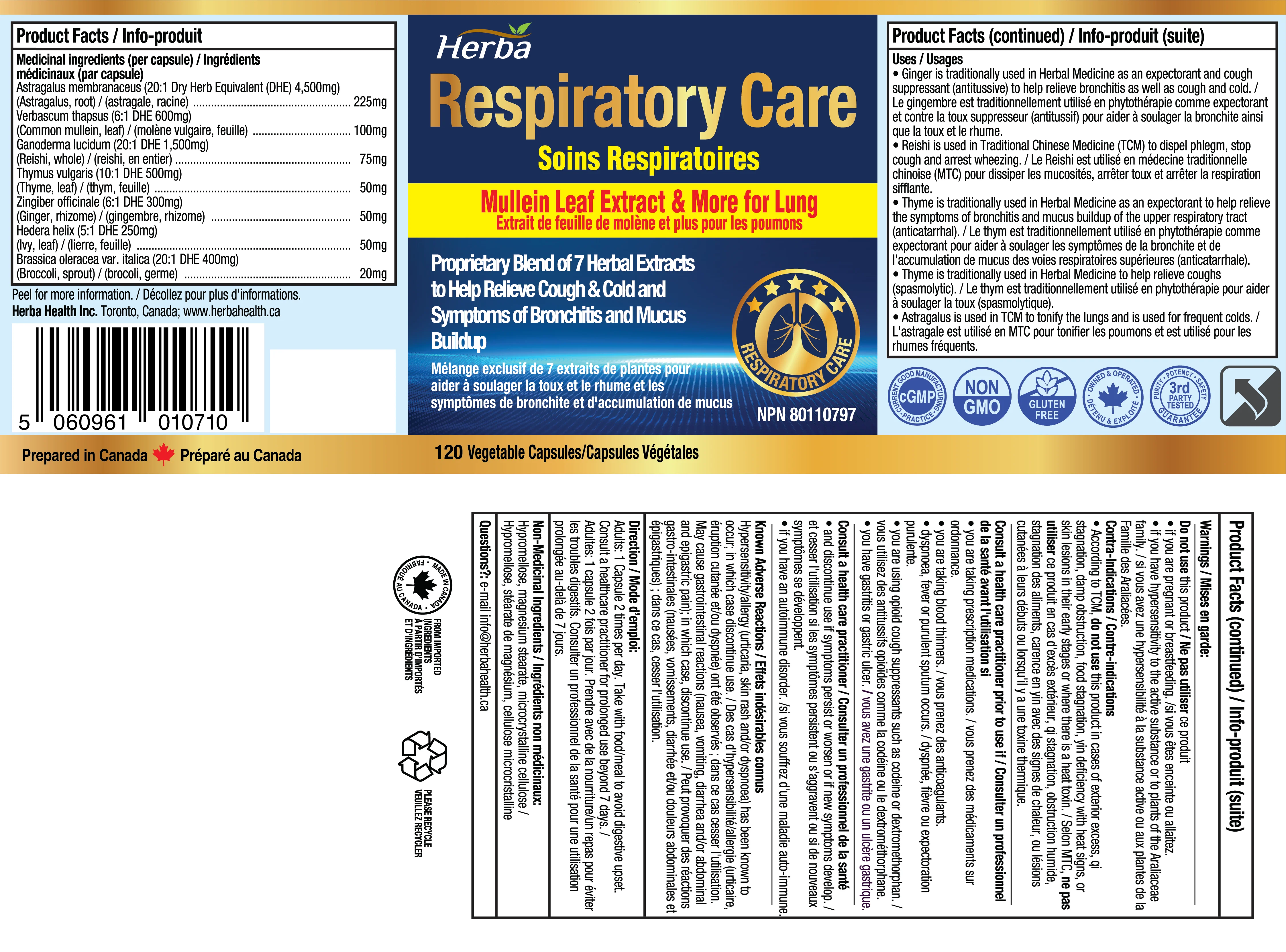 Respiratory Care - 120 Capsules | Lung Supplement with Mullein Leaf Extract | Made in Canada - Image 2