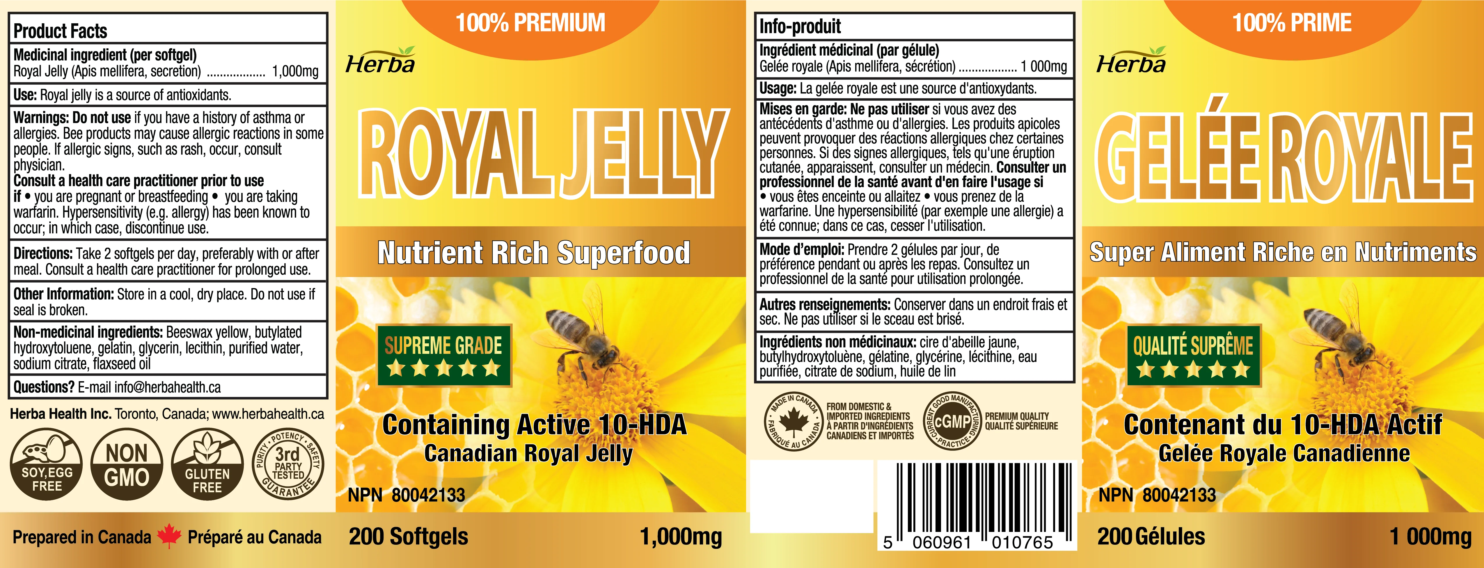 Herba's Royal Jelly Capsules 1000mg - 200 Softgels | Made in Canada - Image 2