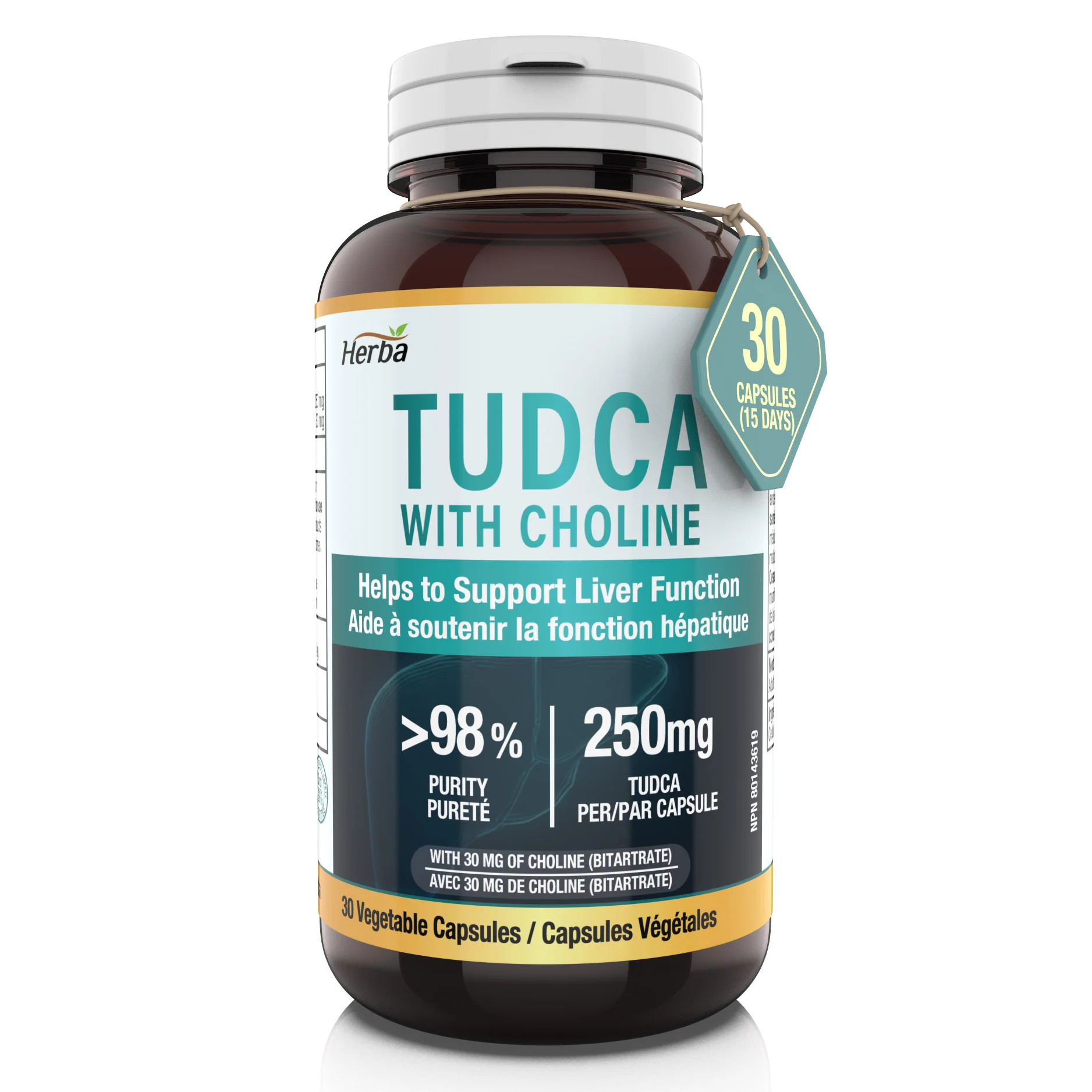 TUDCA Supplement for Liver – 30 Capsules | >98% Purity | Purified Bile Salts Supplements | 250mg TUDCA + Choline | Made in Canada