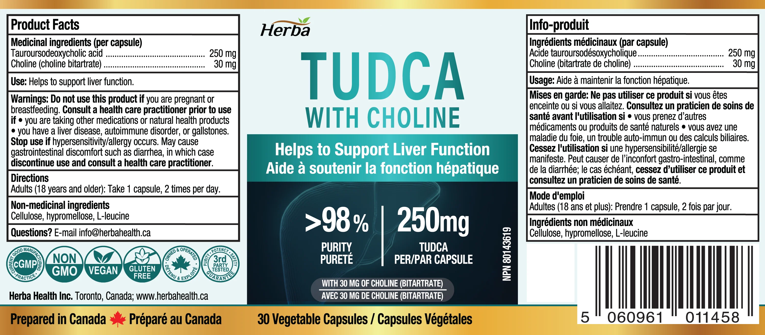 TUDCA Supplement for Liver – 30 Capsules | >98% Purity | Purified Bile Salts Supplements | 250mg TUDCA + Choline | Made in Canada - Image 2