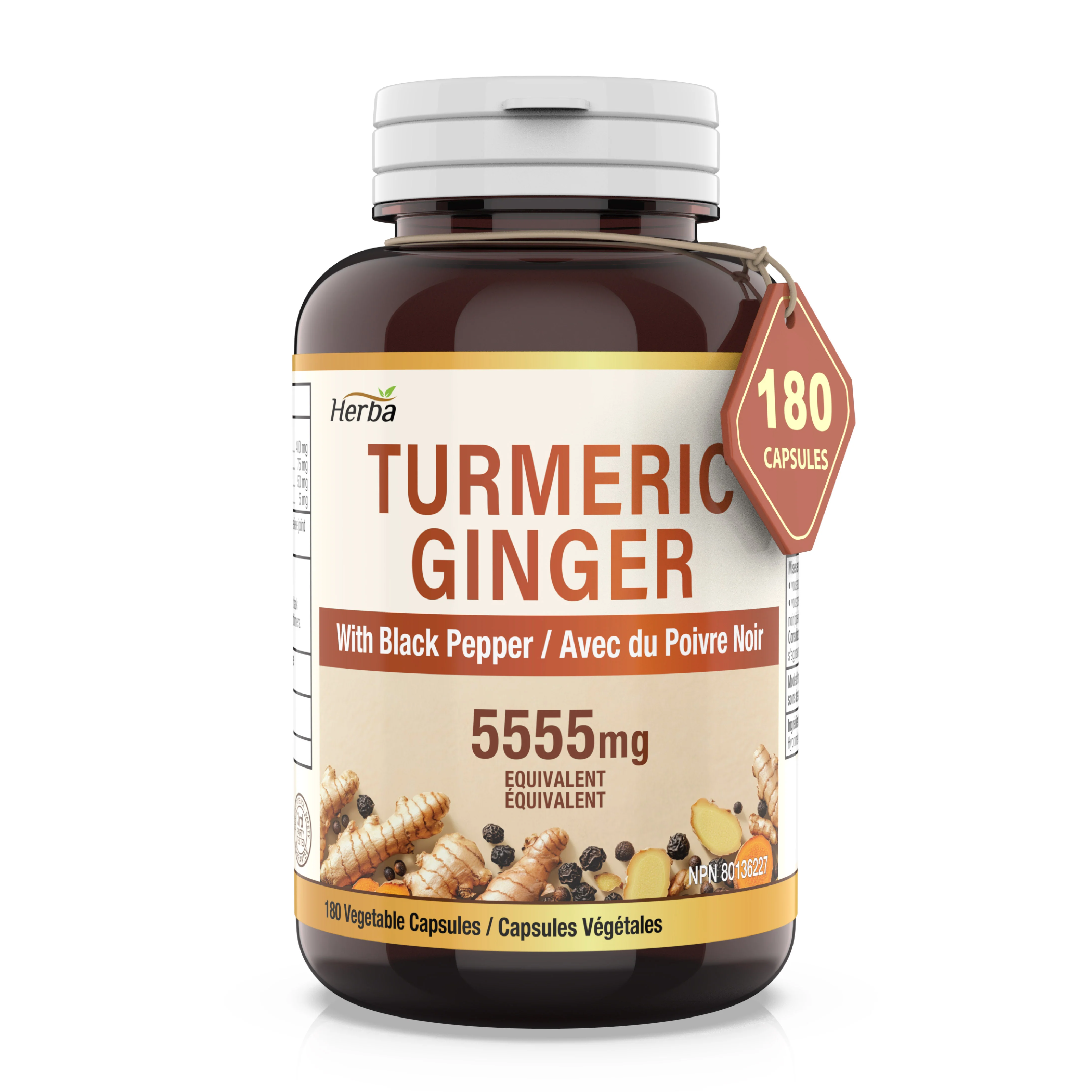 Turmeric with Black Pepper and Ginger - 180 Capsules | 5555mg Equivalent | Made in Canada