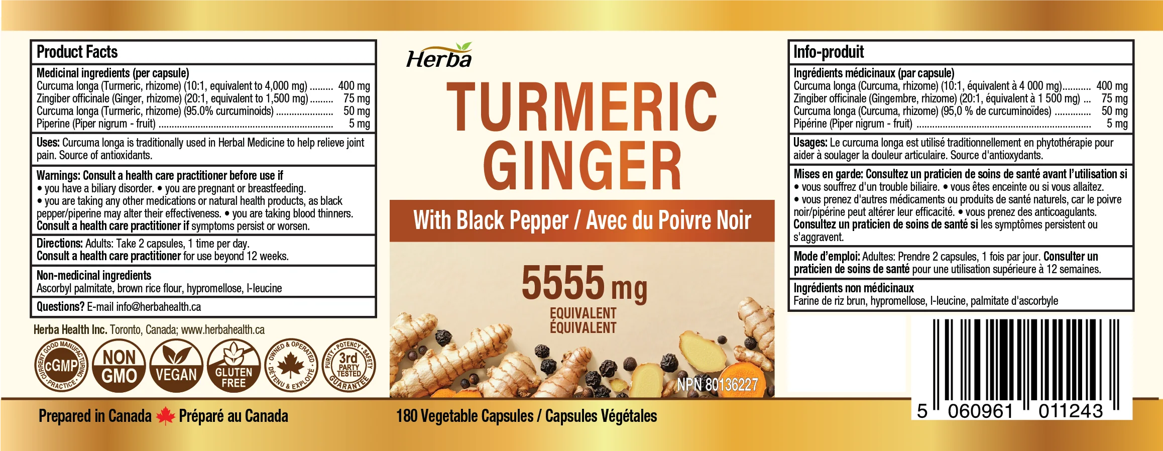 Turmeric with Black Pepper and Ginger - 180 Capsules | 5555mg Equivalent | Made in Canada - Image 2