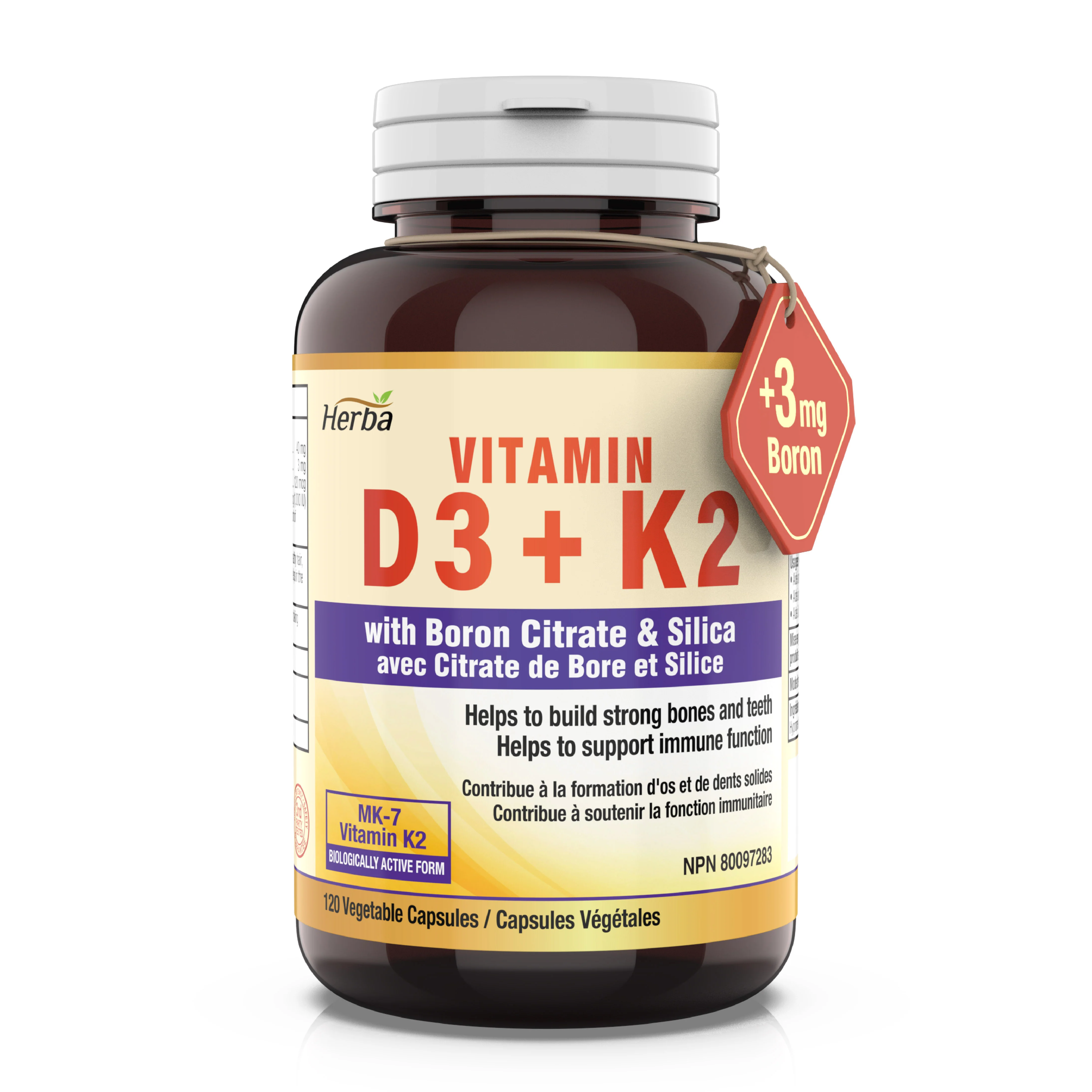 Vitamin D3 + K2 with Boron Supplement - 120 Vegetable Capsules | Vitamin K2 MK-7 and Vitamin D3 1000 IU
