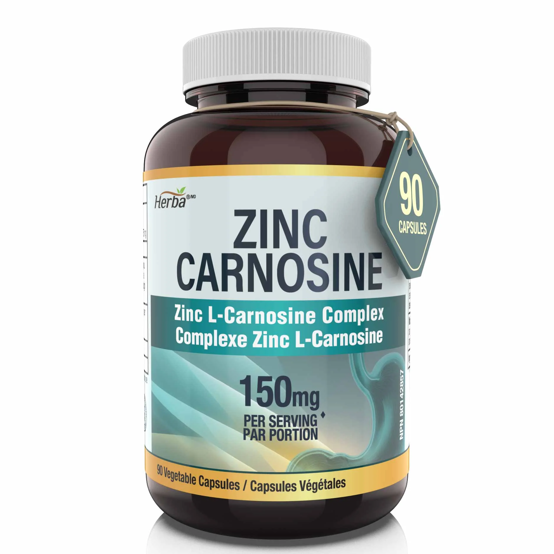 Zinc Carnosine Supplement – 90 Capsules | 150mg Per Serving (75mg Per Capsules) | Made in Canada