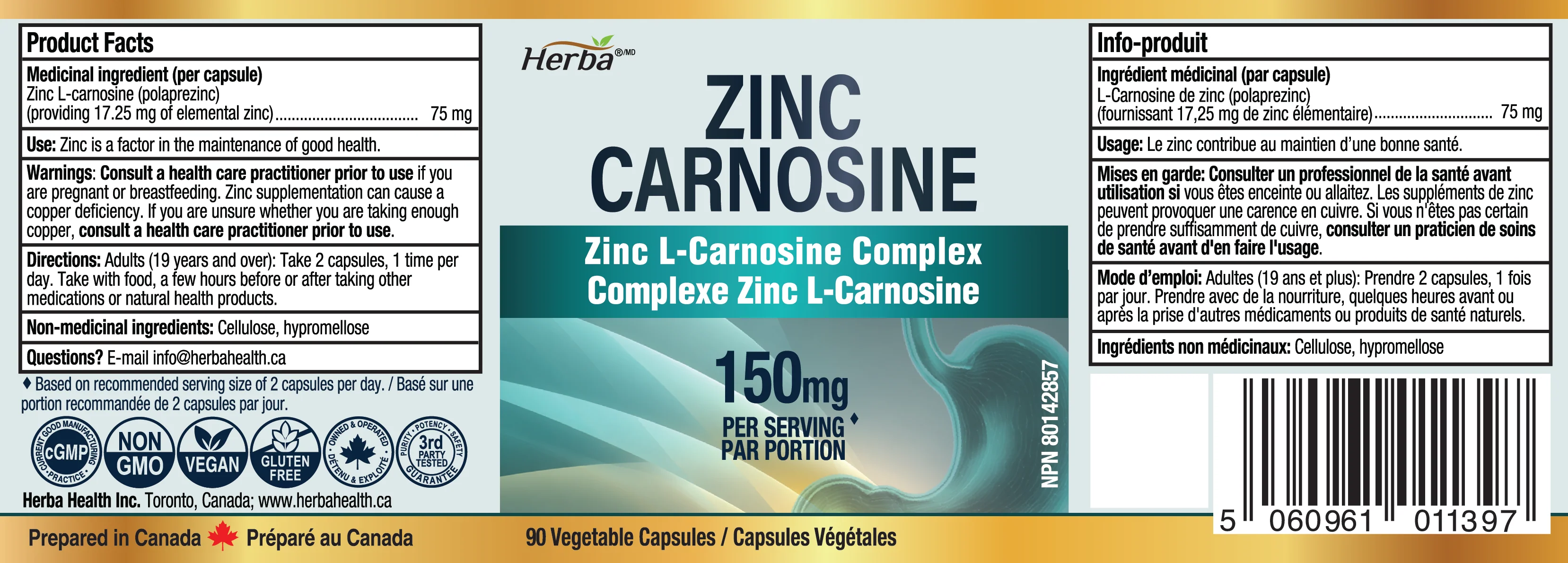 Zinc Carnosine Supplement – 90 Capsules | 150mg Per Serving (75mg Per Capsules) | Made in Canada - Image 2